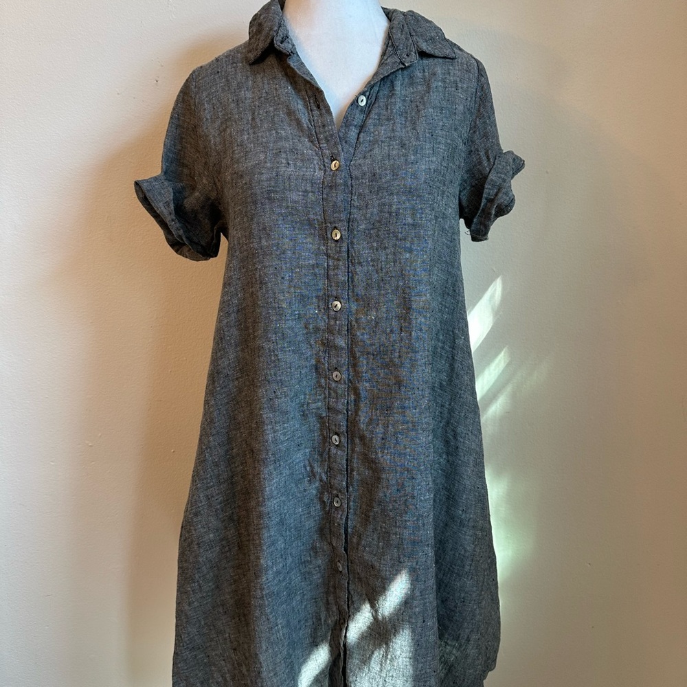 Gray Button-Front Linen Shirt Dress